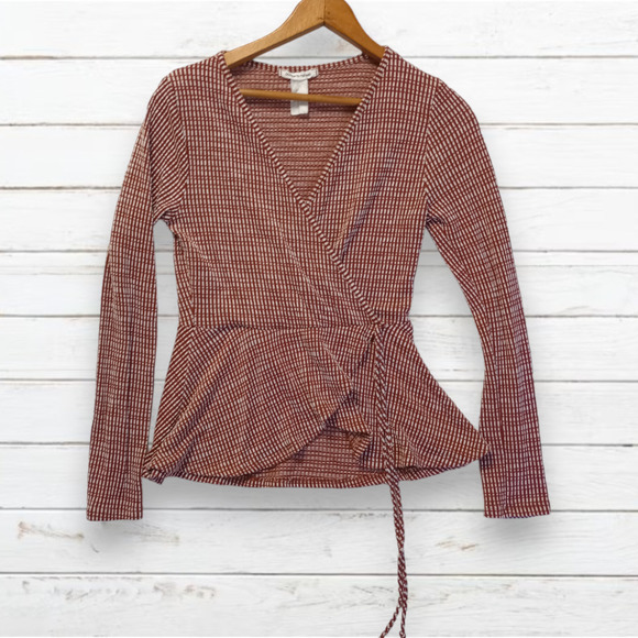 CAUTION To The Wind‎ Burnt Orange White Long Sleeve Cross Over VNeck Blouse M - Picture 1 of 8